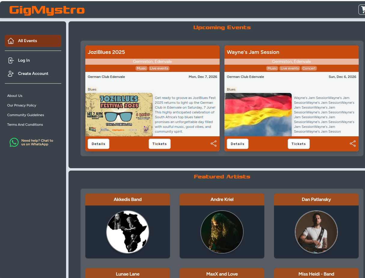 GigMystro upcoming events view with ticket buttons and featured artists
